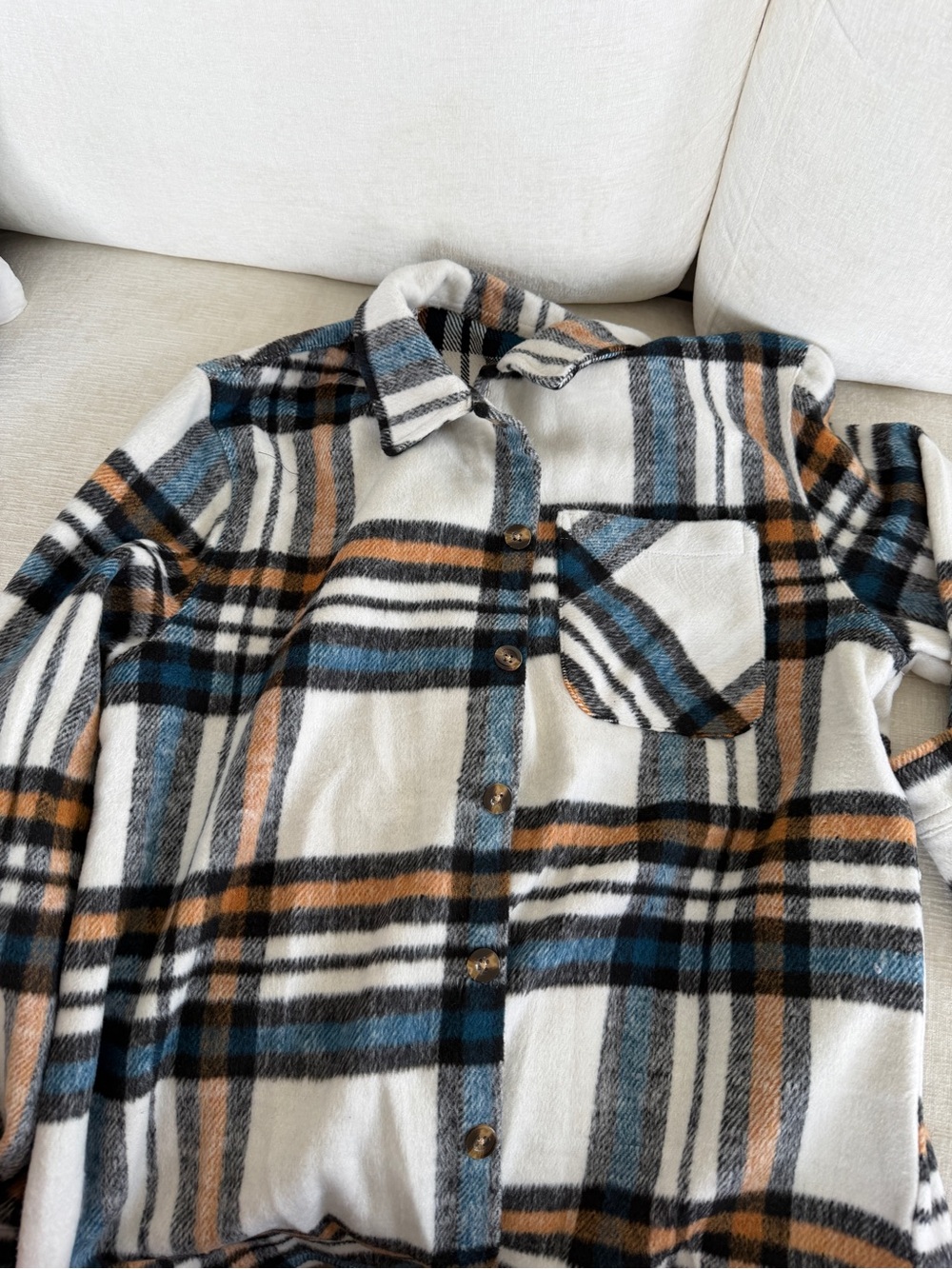 Cozy Plaid Button-Up Shacket in Cream, Blue & Tan